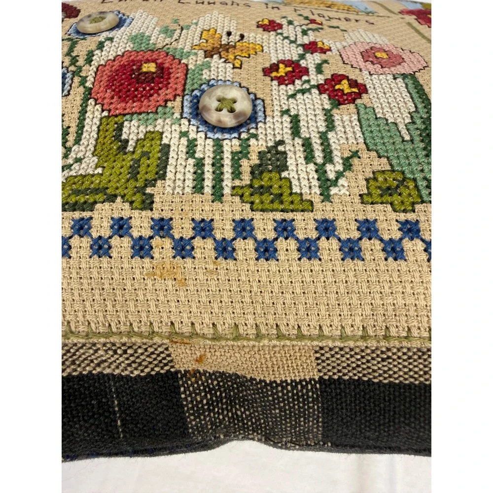 Vintage Cross‎ Stitch Garden Thyme Throw Pillow Buffalo Check Farmhouse Decor